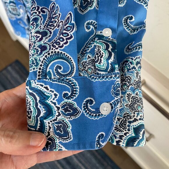 Chaps No Iron 3/4 Slv Button Down 100% Cotton Paisley Shirt Blue White Sz S - Picture 5 of 12